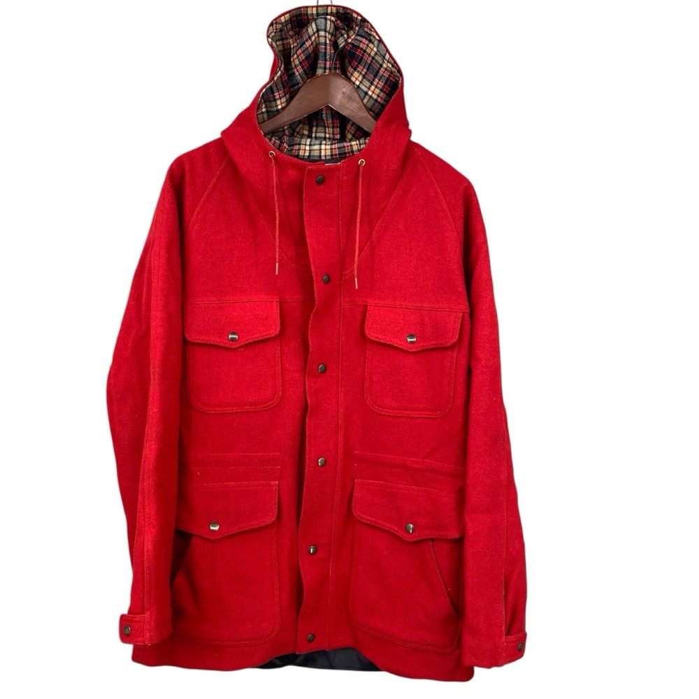 Lobo By Pendleton Vintage Red Wool Hooded Cargo Jacket Men's 40 Zip Up Snap